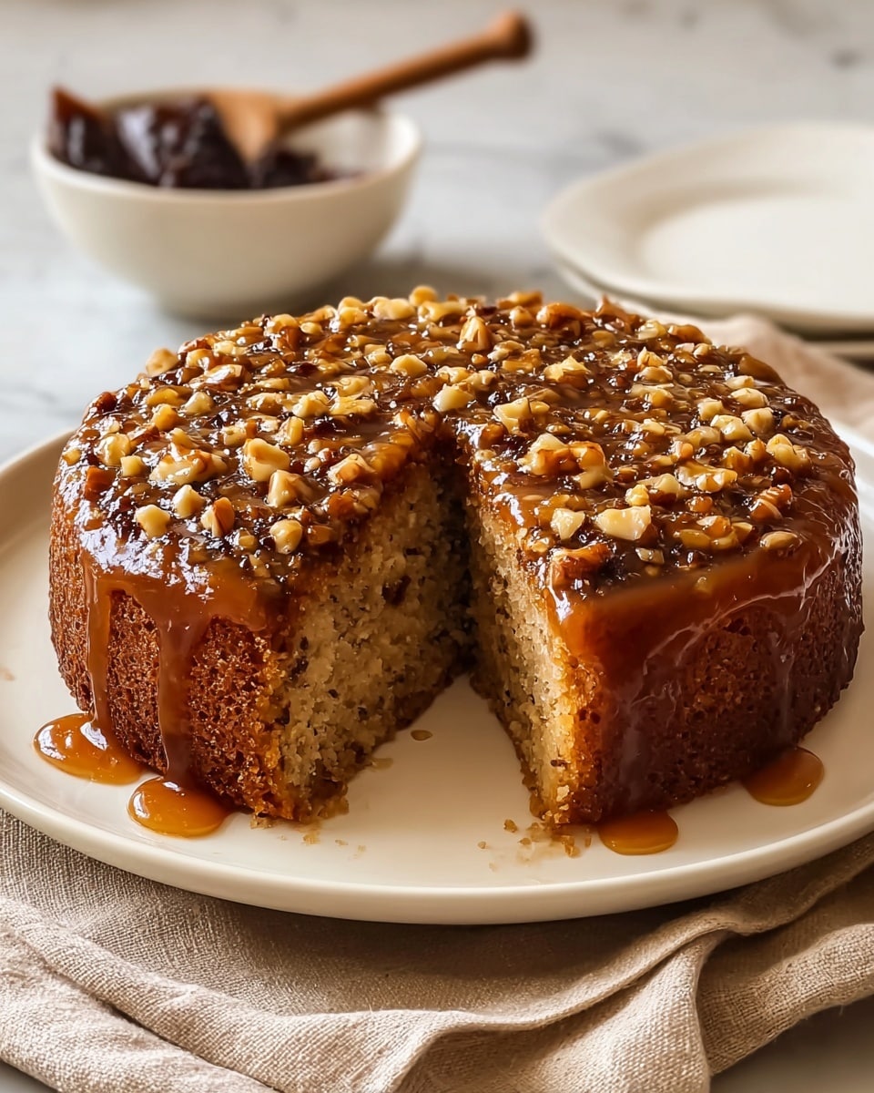 A round, two-layer cake sits on a white plate with one slice removed, showing a soft, light brown inside dotted with small dark bits. The top layer is covered with a shiny, thick caramel glaze mixed with chopped light brown nuts scattered evenly, giving it a textured look. The sides of the cake are darker brown and moist with the glaze dripping slightly down. In the background, there is a small white bowl with dark brown pieces and a wooden spoon sticking out. The plate is placed on a beige cloth on a white marbled texture. Photo taken with an iphone --ar 4:5 --v 7