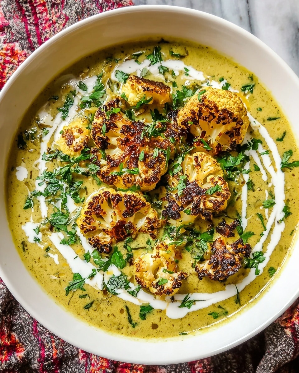 A white bowl filled with a creamy yellow-green curry base, topped with several large roasted cauliflower florets that have a golden-brown char and crispy texture. The curry is garnished with fresh, finely chopped green herbs scattered evenly across the surface, and there are thin white swirls of cream or yogurt drizzled around the florets. The bowl is placed on a white marbled texture, with a red and gray patterned cloth partially visible underneath. Photo taken with an iphone --ar 4:5 --v 7