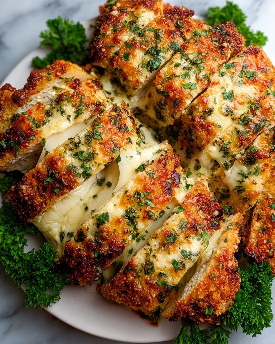 The image shows a close-up of a sliced grilled dish with a golden-brown crispy outer layer, dotted with small green herbs, likely parsley, sprinkled on top. Each slice reveals a white melted cheese filling inside, creamy and slightly stretchable, sandwiched between the browned textured crust. The slices are arranged overlapping on a white plate with fresh green parsley leaves placed around the edges for garnish, all set on a white marbled surface. The overall look is warm and appetizing with a mix of crispy, melted, and fresh layers. photo taken with an iphone --ar 4:5 --v 7