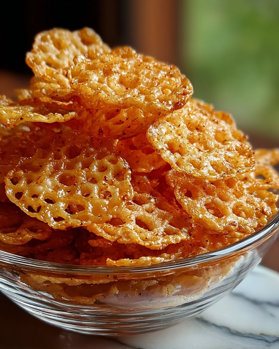 A clear glass bowl filled with a high pile of golden-brown, crispy, thin, and lattice-patterned fried snacks, each piece having irregular round shapes with small holes and a slightly shiny texture, the color varying from light to dark golden, giving a crunchy and textured look. The bowl sits on a white marbled surface with a blurred green and brown background, focusing on the crunchy details of the stacked snacks. photo taken with an iphone --ar 4:5 --v 7