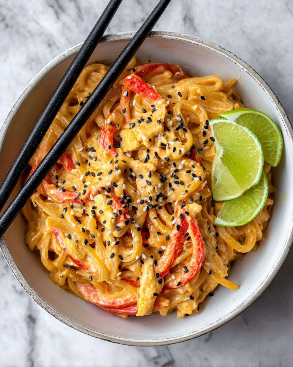 A white bowl filled with creamy orange noodles mixed with thin red pepper slices and small pieces of chicken, topped with black and white sesame seeds scattered evenly across the dish. Two bright green lime wedges rest on top of the noodles near one side of the bowl. A pair of black chopsticks lies across the bowl, resting on the noodles. The bowl sits on a white marbled surface. Photo taken with an iphone --ar 4:5 --v 7