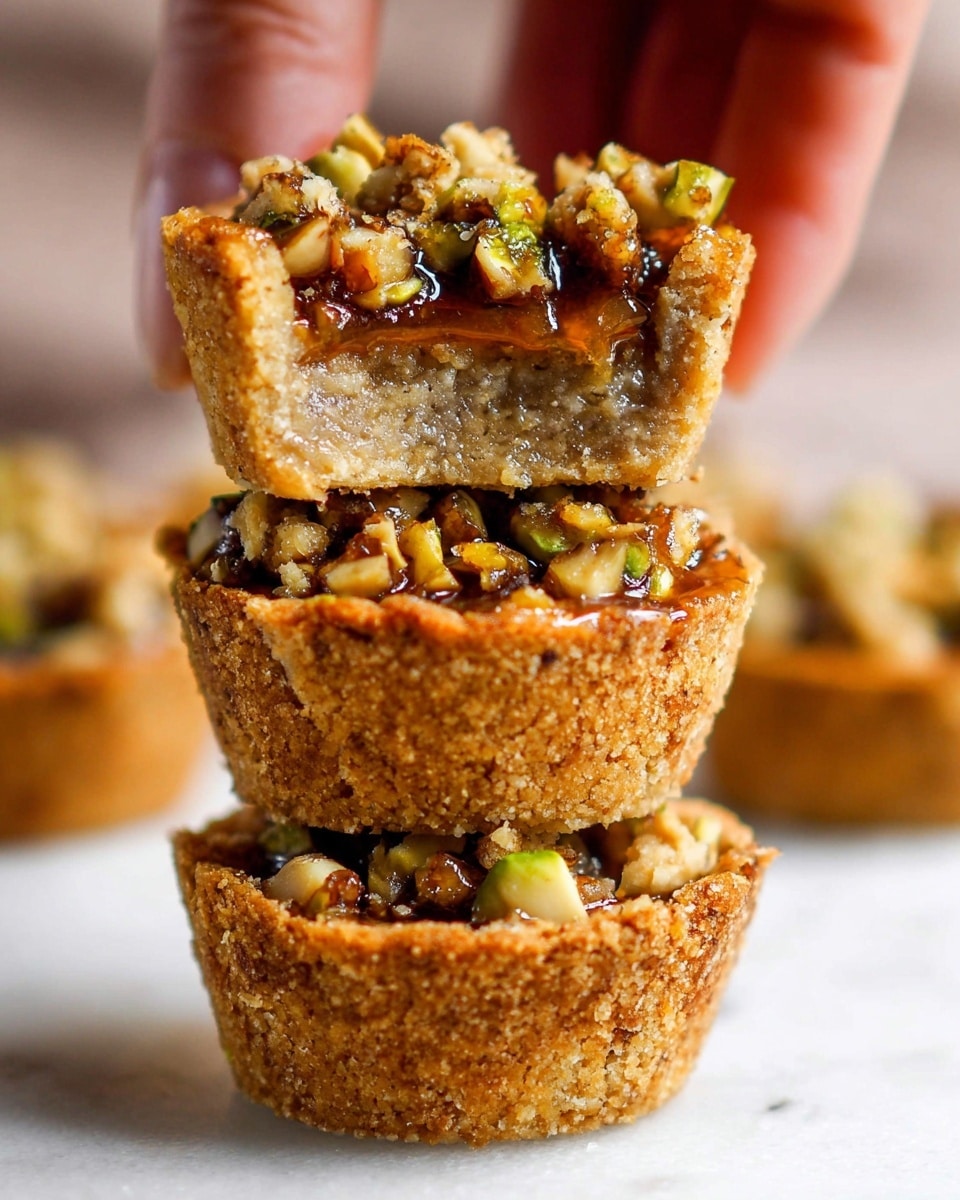 Three small tartlets are stacked on top of each other on a white marbled surface. Each tartlet has a thick, crumbly golden brown crust with a rough texture. The bottom two tartlets show a topping made of small green and brown pieces, likely chopped nuts, glistening with a sticky syrup. The top tartlet is held up by a woman's hand and is cut in half, revealing a dense, chewy light brown filling beneath the nut topping. The background is softly blurred, highlighting the tartlets. photo taken with an iphone --ar 4:5 --v 7