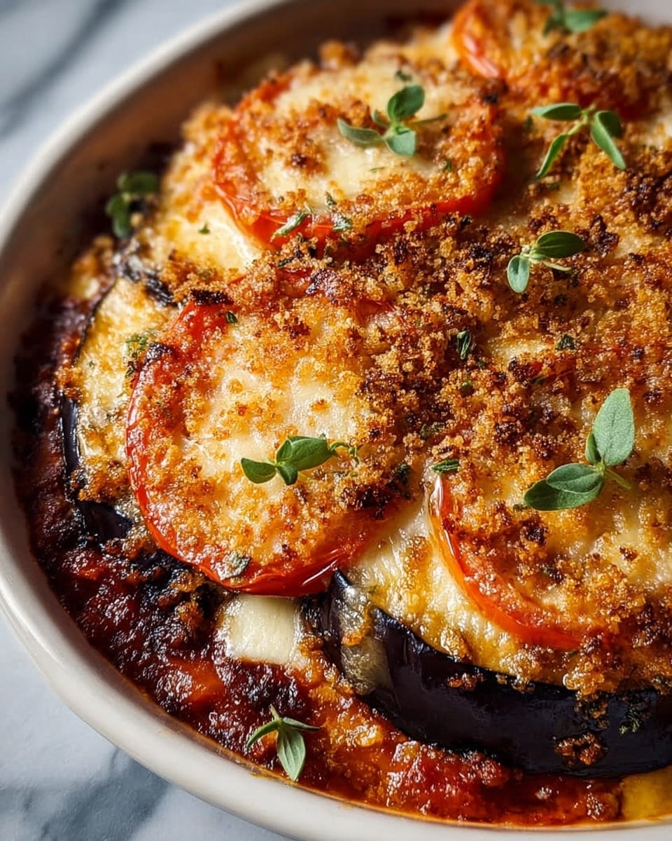 The image shows a close-up of a baked dish in a white ceramic dish on a white marbled surface. The dish has three visible layers: the bottom layer is a rich red tomato sauce with a chunky texture, the middle layer is thick slices of dark purple eggplant, and the top layer has light golden melted cheese with browned, crispy breadcrumbs scattered all over, giving a crunchy texture. Round slices of cooked red tomatoes are spread over the cheese, topped with small green herb leaves for garnish. The overall look is warm, toasted, and inviting. photo taken with an iphone --ar 4:5 --v 7
