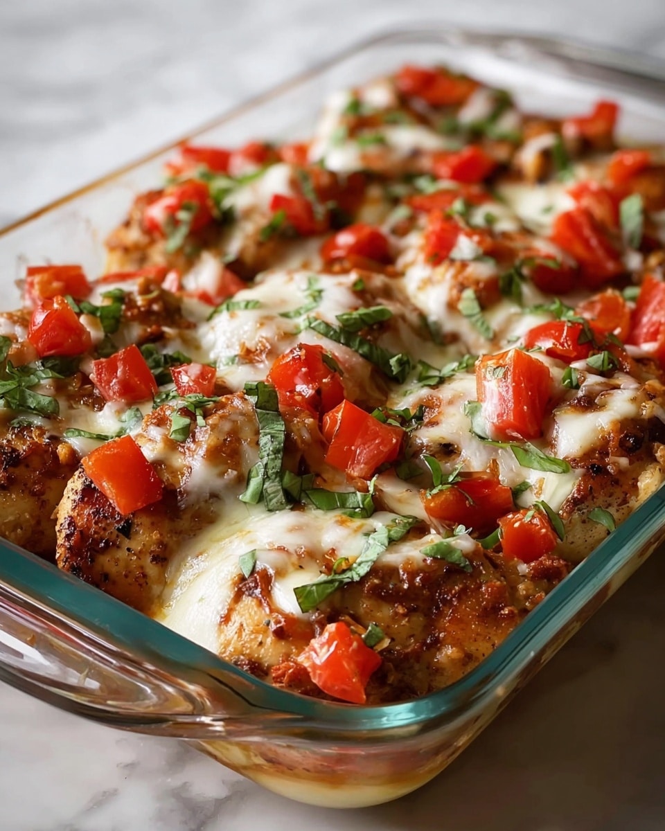 The dish is a close-up view of a baked casserole layered in a clear glass tray. The base layer holds browned, seasoned pieces of chicken with a slightly charred texture. On top, chunks of red tomatoes are scattered evenly, adding fresh and bright red splashes. A melted cheese layer covers the chicken and tomatoes partially, creamy white with a smooth, gooey texture. Small pieces of chopped green herbs, likely basil, are sprinkled on top, adding a fresh green contrast and texture to the dish. The tray sits on a white marbled surface. photo taken with an iphone --ar 4:5 --v 7