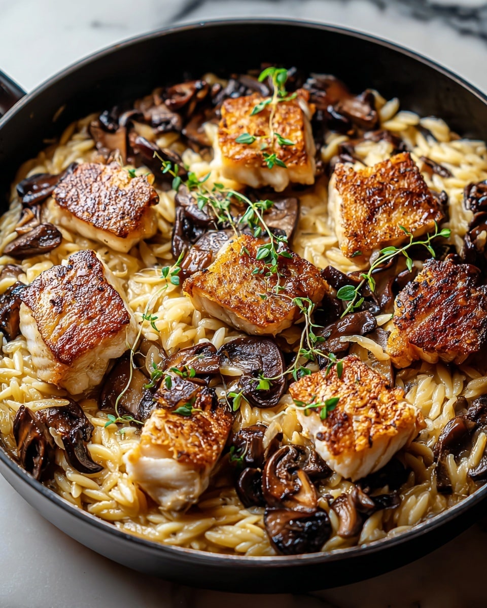 The image shows a black pan filled with a dish that has three main layers. The bottom layer is creamy, light yellow or beige orzo pasta, soft and mixed well. On top of the pasta, there are dark brown cooked mushroom slices scattered evenly. Above the mushrooms, there are several golden-brown seared fish pieces with a crispy texture on the surface and tender white inside, arranged in a circle. The dish is garnished with small green herb leaves, giving a fresh look. The pan sits on a white marbled surface, and soft natural light highlights the shiny and moist texture of the food. photo taken with an iphone --ar 4:5 --v 7