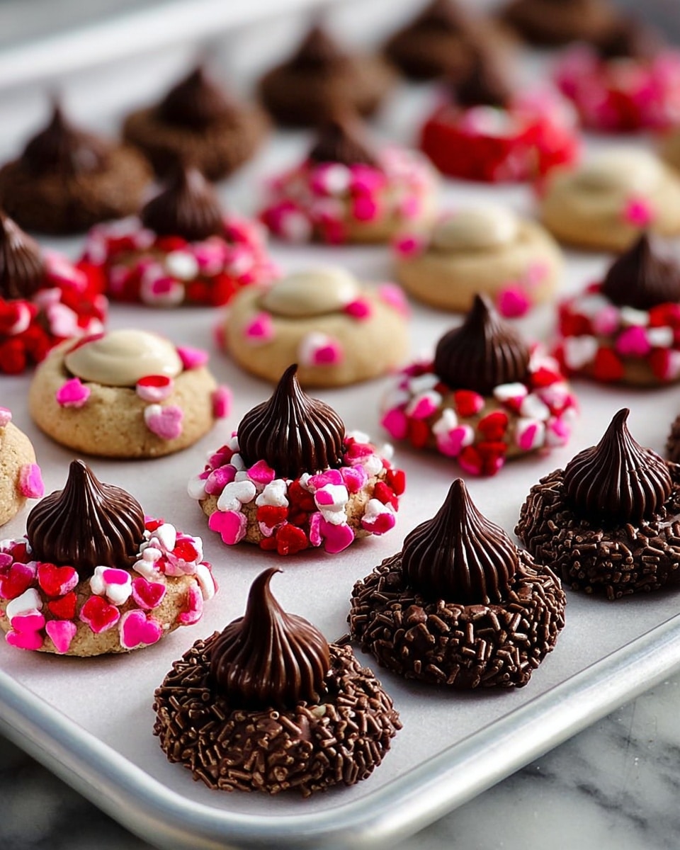 The image shows a tray lined with white paper holding rows of small round cookies, each topped with a chocolate kiss in the center. The cookies have three different coatings: one group is dark brown with chocolate sprinkles, another group is coated in red, white, and pink heart-shaped and round sprinkles, and the third group has a smooth swirl of white and dark chocolate on top. The colors are bright and create a playful mix, with the dark chocolate kisses standing tall in the middle of each cookie. The tray sits on a white marbled surface, and the focus is on the colorful cookies in the middle part of the tray. photo taken with an iphone --ar 4:5 --v 7