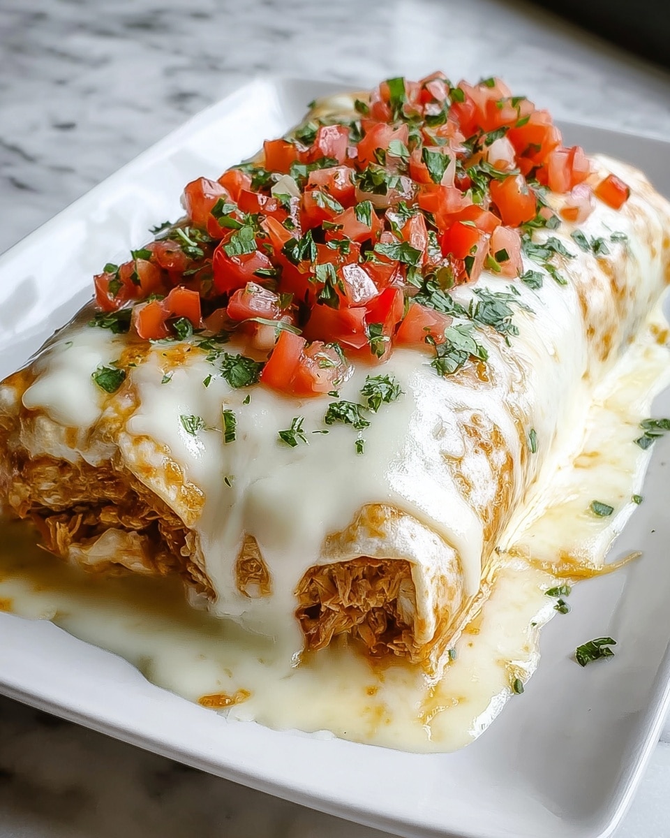 A large, folded burrito covered in a thick layer of melted white cheese, which drips slightly over the edges, revealing a mixture of soft, light brown cooked chicken inside. On top, there is a layer of finely chopped red tomatoes mixed with green herbs, adding a fresh and colorful contrast. The burrito sits on a clean white plate, placed on a white marbled surface. The overall look is warm and cheesy with fresh toppings. photo taken with an iphone --ar 4:5 --v 7