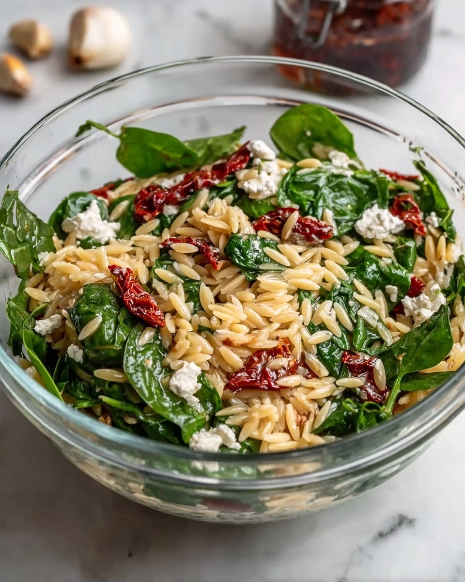 A clear glass bowl holds a fresh salad made of three main layers: at the bottom and mixed throughout are many light golden orzo grains with a smooth texture, the middle layer consists of vibrant dark green spinach leaves with a crinkled surface, and scattered on top are small chunks of white crumbly cheese and deep red, wrinkled sun-dried tomato pieces. The bowl sits on a white marbled texture, with a small part of a dark jar and some garlic cloves blurred in the background. Photo taken with an iphone --ar 4:5 --v 7