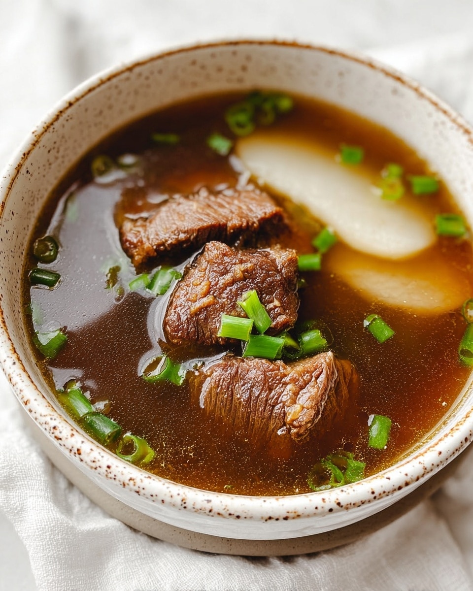 A close-up of a bowl filled with clear brown broth, containing three pieces of cooked beef with a textured surface, and two slices of light beige radish. On top of the soup are small green chopped scallions scattered around. The bowl is white with brown speckles on the rim, resting on a white marbled surface with a white cloth nearby. Photo taken with an iphone --ar 4:5 --v 7