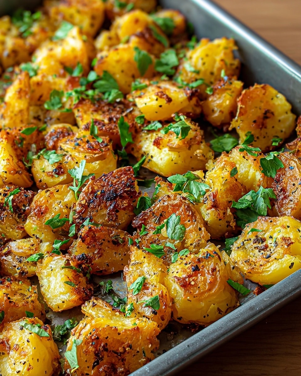 A close-up view of golden roasted smashed potatoes in a baking tray, showing multiple irregular pieces with crispy, slightly charred edges and soft centers. The potatoes are coated with a light seasoning of black pepper and herbs, and fresh green parsley leaves are scattered evenly on top for a pop of color. The tray sits on a white marbled texture surface, highlighting the warm, rich colors of the dish. photo taken with an iphone --ar 4:5 --v 7