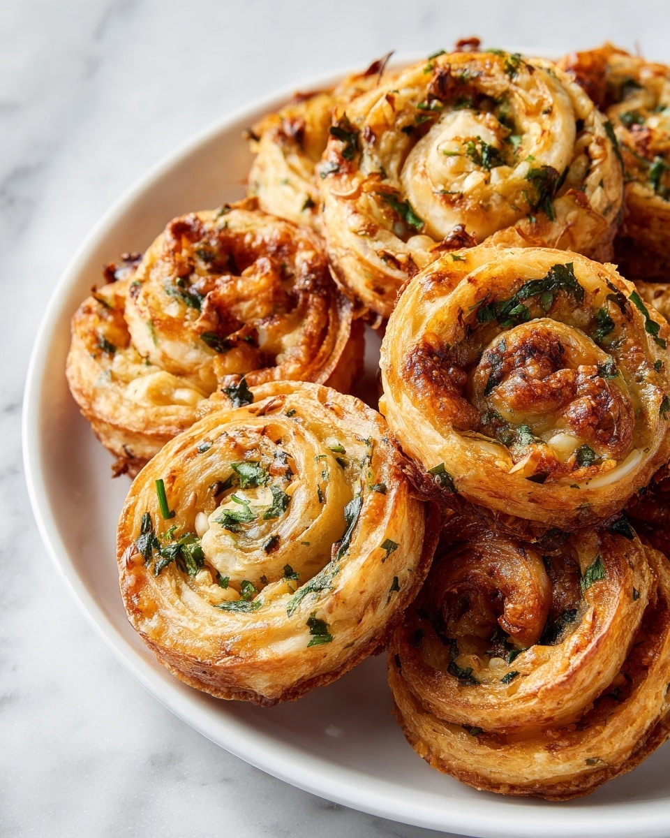 The image shows close-up round rolls of flatbread layered in spiral shapes. Each roll has a golden brown crispy outer layer with spots of dark brown from frying, and inside, visible green herbs are mixed into a soft, pale dough. The rolls are stacked on top of each other on a white plate, and the texture appears both flaky and chewy, with a shiny, slightly oily surface. The background is softly blurred but includes more of these rolls, all resting on a white marbled surface. photo taken with an iphone --ar 4:5 --v 7