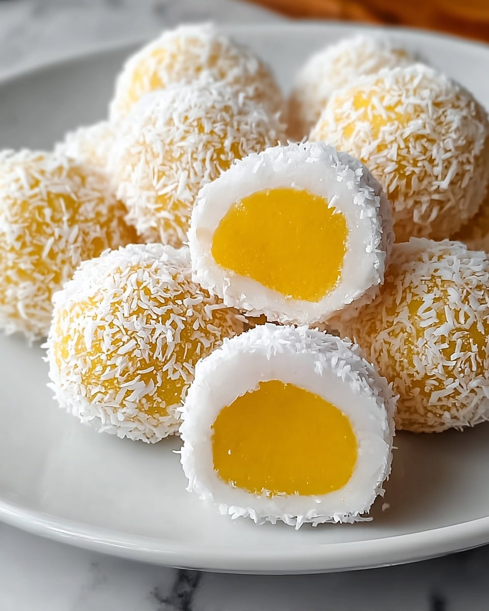 The image shows round sweet balls on a white plate set on a white marbled surface. Each ball has three layers: a bright yellow, smooth inside layer; a thick white middle layer surrounding the yellow center, which looks soft and slightly glossy; and the outer layer is covered entirely with white shredded coconut, giving it a rough texture. One ball is cut in half, clearly showing the bright yellow center and thick white coconut layer around it. The balls are arranged close to each other, filling the plate. Photo taken with an iphone --ar 4:5 --v 7