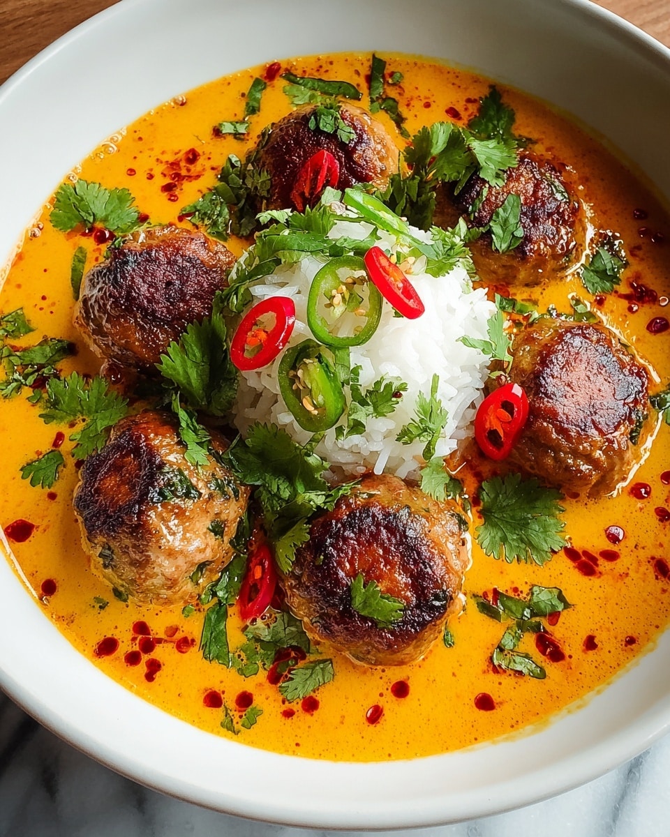 The image shows a white bowl filled with a bright orange creamy curry sauce as the base layer, scattered with small red chili oil droplets. On top of the curry, there is a mound of white steamed rice placed near the center. Surrounding and sitting partially on the rice are six browned meatballs with a crisp outside and bits of green herbs inside. Fresh green cilantro leaves are generously scattered over the meatballs, rice, and curry. Thin slices of red and green chili peppers are placed on and around the meatballs, adding a pop of color. The bowl is set on a white marbled surface. photo taken with an iphone --ar 4:5 --v 7