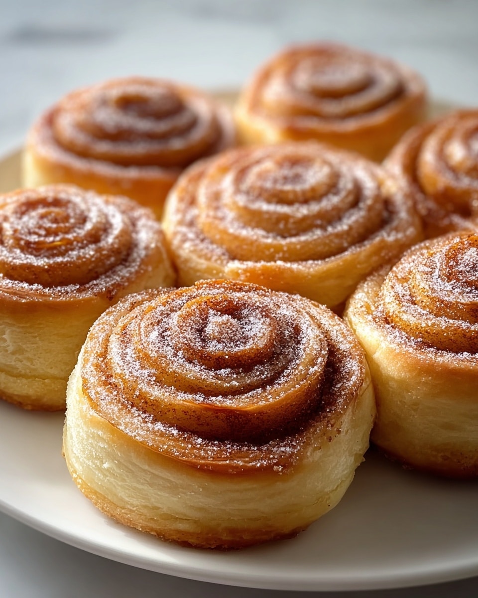 Seven golden-brown cinnamon rolls sit closely together on a white plate, each roll showing multiple thin layers spiraled tightly from the base to the top. The outer edges of the layers are slightly crisp with a darker caramelized color, while the inner layers are soft and fluffy in a pale golden hue. A light dusting of white powdered sugar and cinnamon specks covers the top surface, adding texture and contrast. The plate rests on a white marbled surface, and soft natural light highlights the rolls' shiny, flaky texture. photo taken with an iphone --ar 4:5 --v 7