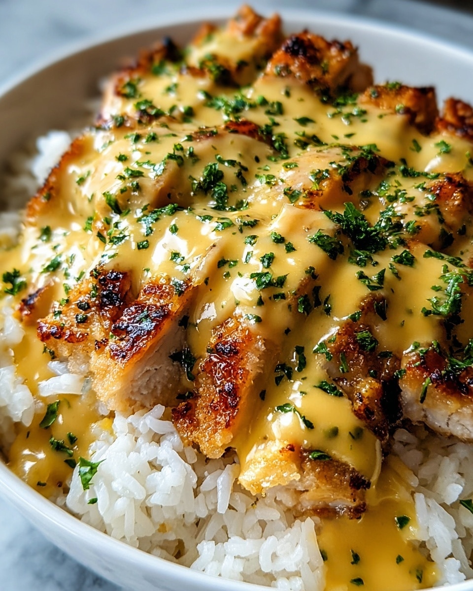 A close-up view of a white bowl filled with a bed of shiny white rice at the bottom, topped with several pieces of golden brown grilled chicken that have a slightly crispy texture. The chicken pieces are covered with a thick, creamy yellow sauce that glistens and is sprinkled with chopped green herbs, adding a fresh contrast. The sauce flows slightly onto the rice, creating a rich and appetizing appearance on a white marbled surface. photo taken with an iphone --ar 4:5 --v 7