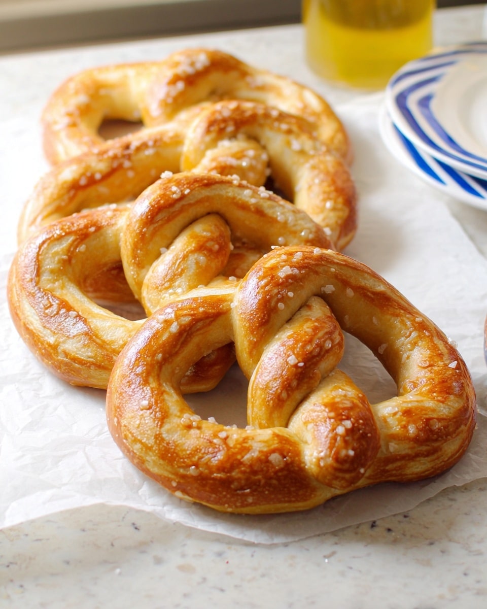 The image shows four golden brown soft pretzels arranged in a slightly overlapping line on white parchment paper placed on a white marbled surface. Each pretzel has a smooth, shiny crust with a light and slightly puffed texture, and some small salt crystals sprinkled on top. The twists of the dough are thick and plump, with the classic pretzel shape clearly visible. In the background, there is a faint view of a glass with a yellow liquid and part of a white plate with blue stripes on the right edge. Photo taken with an iphone --ar 4:5 --v 7