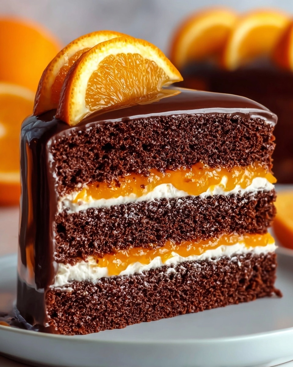 A close-up view of a three-layer chocolate cake with rich, dark brown sponge cake layers. Between the cake layers are two bright orange jam layers and two thin white cream layers. The top and sides of the cake are covered with smooth, shiny dark chocolate ganache. On top, two fresh orange slices with visible juice sacs rest slightly angled. The cake sits on a white plate with a soft focus background showing shades of orange on a white marbled surface. photo taken with an iphone --ar 4:5 --v 7