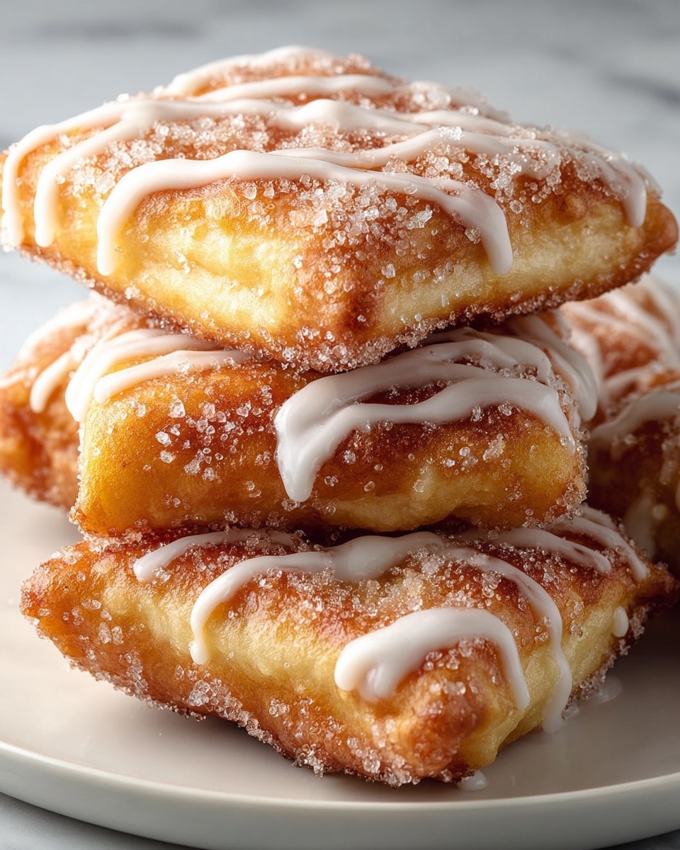 The image shows a close-up of three square-shaped fried pastries stacked on a white plate. Each pastry has a golden-brown crispy outer layer sprinkled with sugar crystals, giving it a slightly rough texture. The middle part looks soft and fluffy with a light golden color. On top of each pastry, there are white icing drizzles arranged in loose lines and curves that add a shiny, smooth contrast to the rough, sugar-coated surface. The background features a white marbled texture that softly blends with the plate, keeping the focus on the pastries. photo taken with an iphone --ar 4:5 --v 7