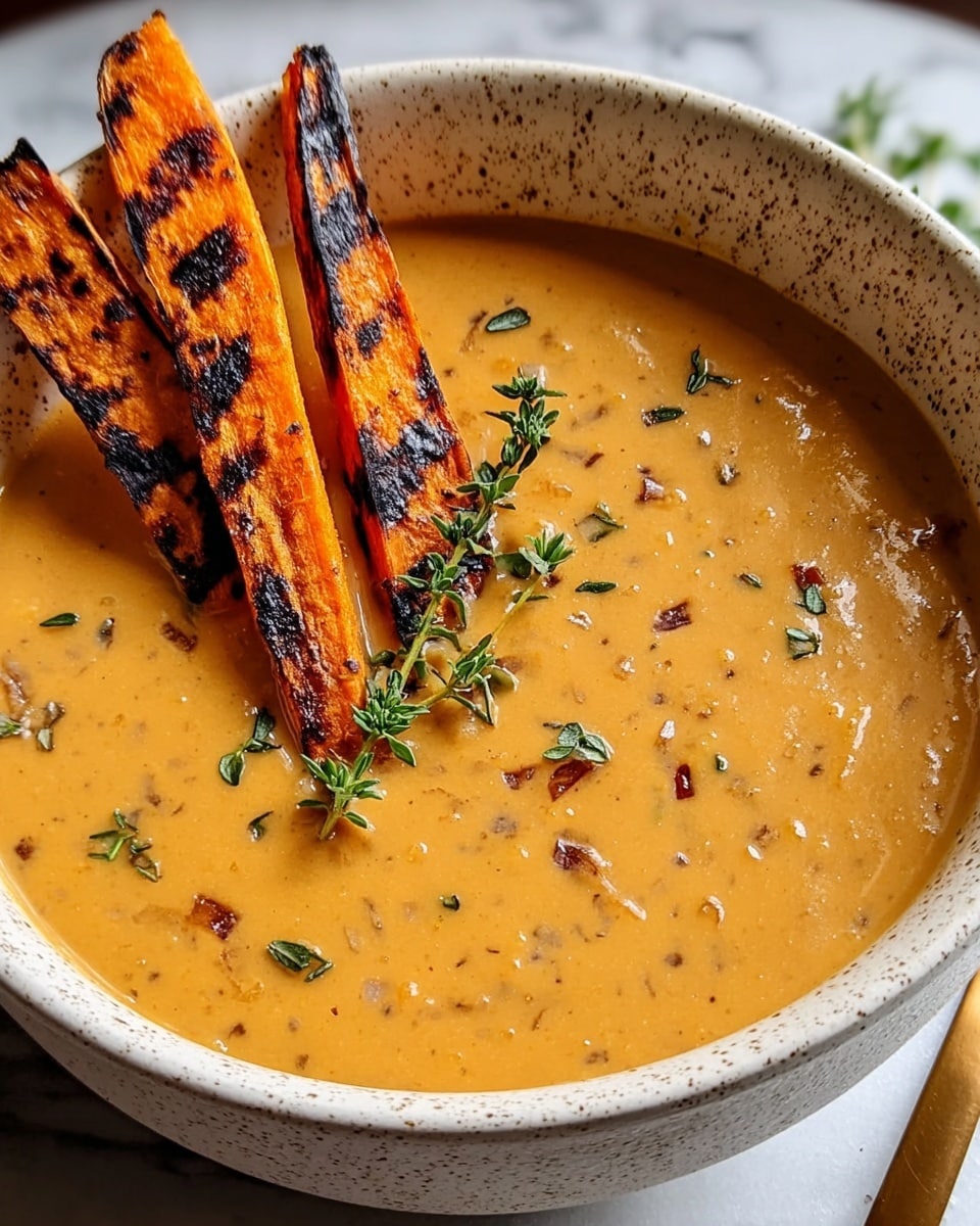 A white speckled bowl filled with creamy carrot-colored soup that has visible small bits of herbs and spices, creating a textured surface. On top, three thick roasted orange sweet potato fries with charred black grill marks lay partially submerged on one side, arranged next to a small fresh green thyme sprig. The bowl sits on a white marbled surface. The photo taken with an iphone --ar 4:5 --v 7