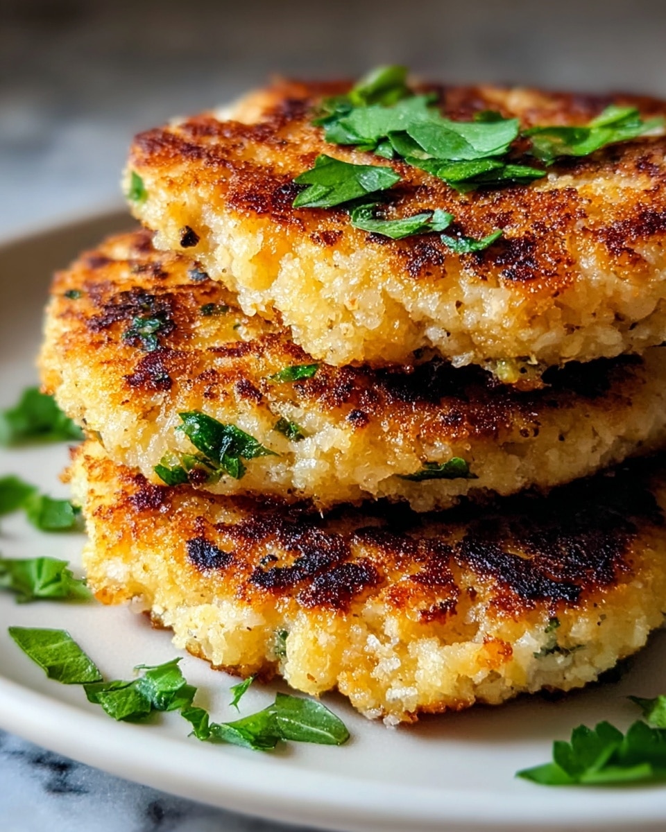 The image shows a close-up of three golden brown patties stacked on a white plate, each patty having a crispy textured surface with brown and slightly charred spots. The patties contain small pieces of green herbs that add splashes of color, and some fresh chopped green herbs are scattered on top of the stack, giving a fresh touch. The patties look moist and slightly rough with a homemade texture, set against a white marbled texture surface in soft lighting. photo taken with an iphone --ar 4:5 --v 7