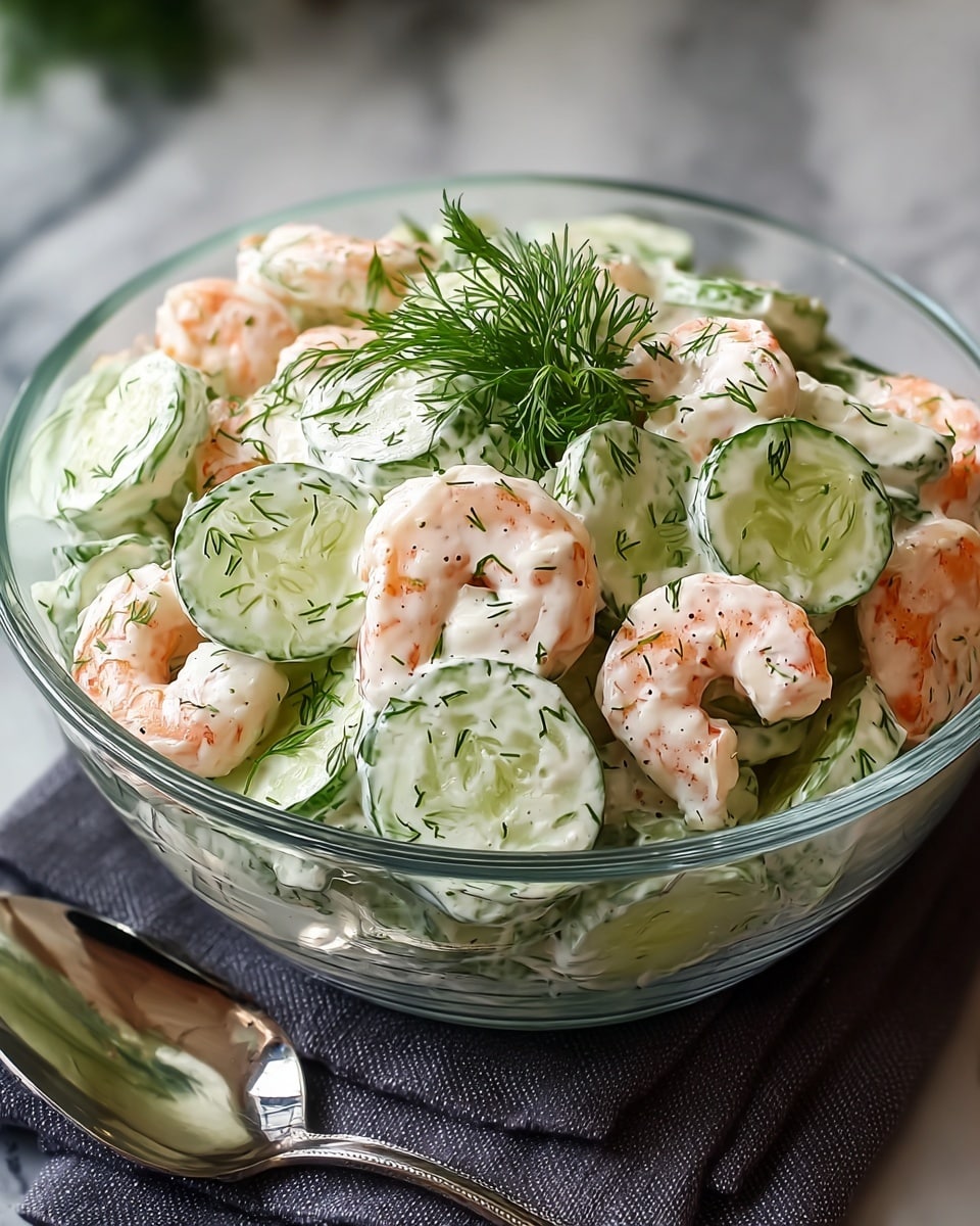 A clear glass bowl holds a fresh shrimp salad. The salad has two main layers mixed together: thick, round cucumber slices with bright green skin and soft pale green inside, and plump shrimp with a light pink-orange color covered lightly in creamy white sauce. Green dill flakes are sprinkled evenly over the shrimp and cucumber, with a small bunch of fresh dill placed on top in the center as garnish. The bowl sits on a dark cloth over a white marbled surface, with a shiny silver spoon nearby. photo taken with an iphone --ar 4:5 --v 7
