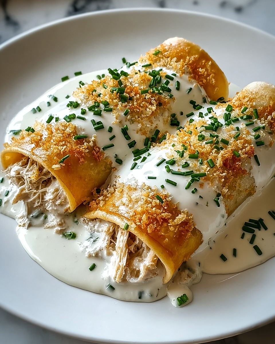 The image shows three golden-brown rolled crepes placed close together on a large white plate with a slight rim. Each crepe is covered with a creamy white sauce drizzled in a small strip over the top, and the sauce pools slightly around the base. Inside the crepes, a shredded light brown filling is visible, adding texture and color contrast. The dish is finished with small pieces of fresh green chives sprinkled generously over the sauce and scattered on the plate around the crepes. The background surface is a white marbled texture. photo taken with an iphone --ar 4:5 --v 7