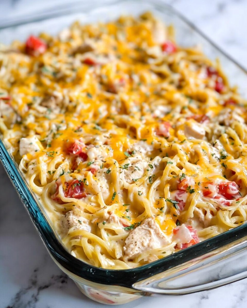 The image shows a glass baking dish filled with a baked noodle casserole. The base layer consists of long, creamy beige noodles mixed with chunks of white chicken and small pieces of red tomatoes. On top, there is a melted golden-yellow cheese layer, unevenly spread with some places showing more cheese pooling. The entire dish is sprinkled with small green herb bits, adding a fresh contrast. The dish rests on a white marbled surface. photo taken with an iphone --ar 4:5 --v 7