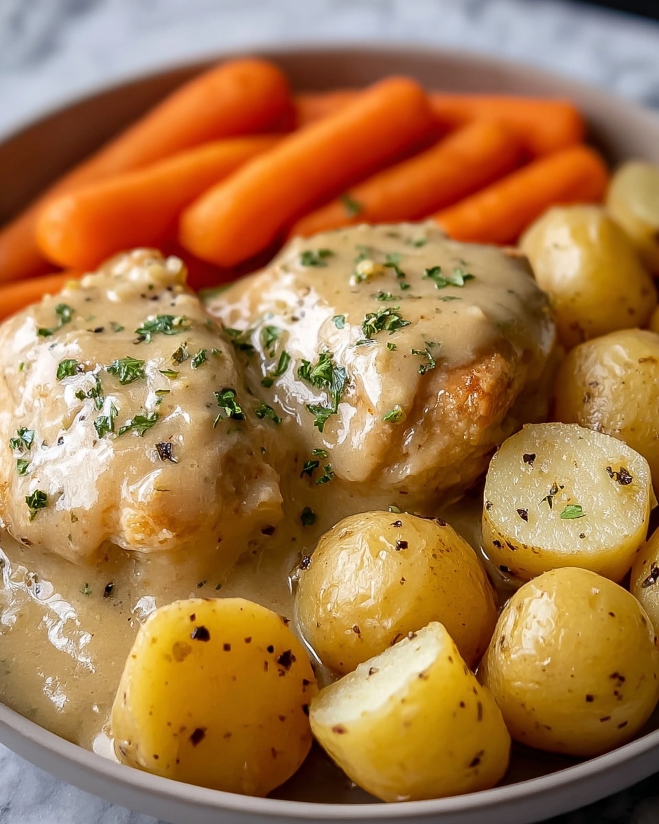 This image shows a plate with three layers of food. The bottom layer is made of small, round, yellow potatoes cut in halves, arranged on the right side with a smooth texture and some black pepper specks. On the top left side, there are cooked baby carrots with a shiny, soft texture, placed in a semi-circle around the main dish. The top center layer consists of two pieces of golden-brown cooked chicken covered with a thick, creamy, beige gravy sauce sprinkled with green herbs. The plate is white and the dish is on a white marbled surface. Photo taken with an iphone --ar 4:5 --v 7