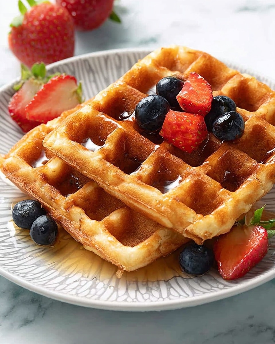 Two golden brown waffles with a crispy texture are stacked slightly askew on a white plate with a subtle gray pattern. On top and around the waffles, there are several glossy, plump blueberries and a few small pieces of bright red strawberries resting in the waffle pockets, along with a drizzle of syrup that pools a little in the squares. Whole strawberries with green leaves are placed near the waffles on the plate. The plate sits on a surface that looks like white marble with light gray veins. photo taken with an iphone --ar 4:5 --v 7