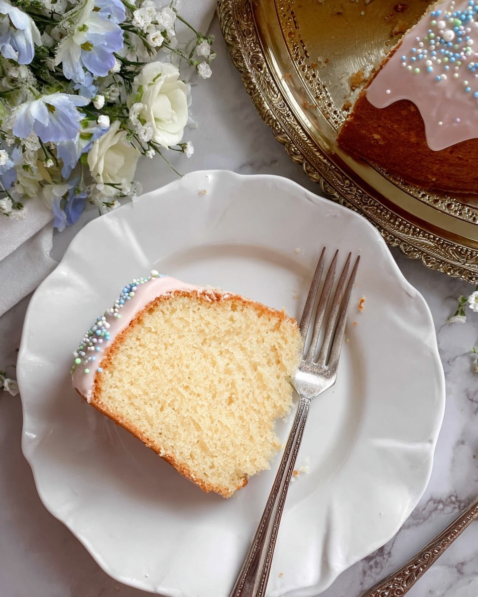 A single slice of light golden brown cake with a soft, airy texture rests on a white scalloped plate. The cake has one visible layer topped with a thin layer of pale pink icing decorated with small blue and white round sprinkles. A silver fork lies across the plate, its tines touching the cake. To the top right, the remaining cake sits on an ornate golden tray, showing the same pink icing and sprinkles. On the upper left, delicate white and light blue flowers add a gentle touch. The background is a white marbled texture. photo taken with an iphone --ar 4:5 --v 7