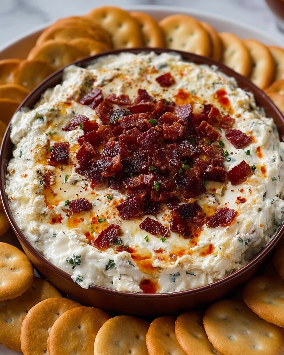 A bowl filled with a thick, white creamy dip that has visible green herbs mixed in, giving it a slightly speckled look. On top, there is a generous layer of small, dark red, crispy bacon pieces scattered unevenly. The cream dip surface shows areas with a slightly browned, bubbly texture, likely from being baked or broiled, with droplets of reddish oil adding shine. The dish is surrounded by a ring of round, golden-brown crackers placed neatly around the bowl on a white marbled surface. Photo taken with an iphone --ar 4:5 --v 7