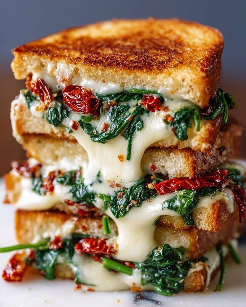 A close-up of a grilled sandwich stacked in two halves showing three layers of lightly toasted golden brown bread with a crunchy texture. Between the bread layers, there is a thick layer of melted creamy white cheese that is soft and stringy, mixed with dark green wilted spinach that looks fresh and slightly glossy. Scattered throughout the spinach are pieces of deep red sun-dried tomatoes that add a vibrant touch. The sandwich rests on a white plate, placed on a white marbled surface, with a few green arugula leaves visible around the base. Photo taken with an iphone --ar 4:5 --v 7