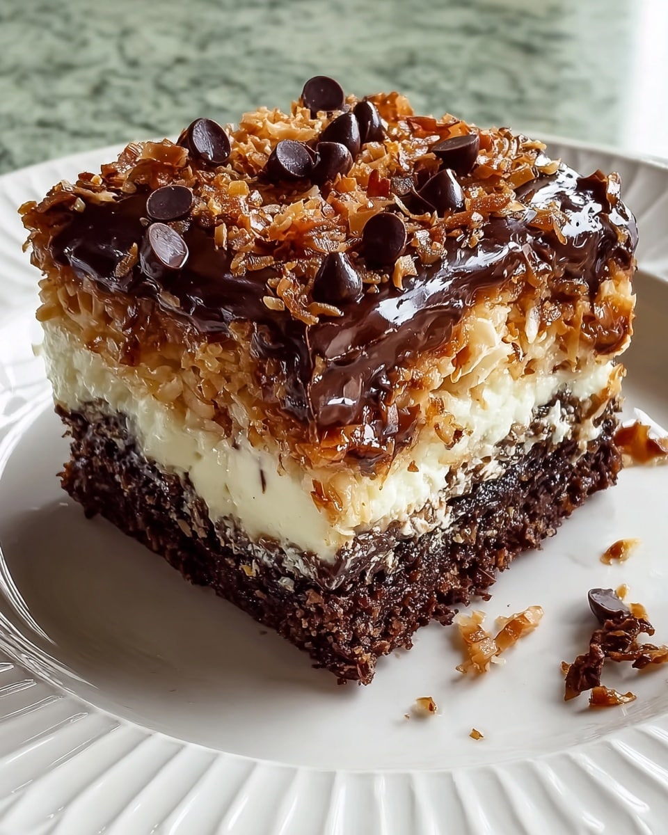 A close-up of a three-layered dessert square on a white plate with a rippled edge, placed on a white marbled texture; the bottom layer is dark brown, moist, and crumbly chocolate cake, the middle layer is creamy white with a smooth texture, and the top layer consists of toasted shredded coconut mixed with a glossy chocolate glaze, sprinkled with whole and halved shiny chocolate chips, with some crumbs scattered around the plate. photo taken with an iphone --ar 4:5 --v 7