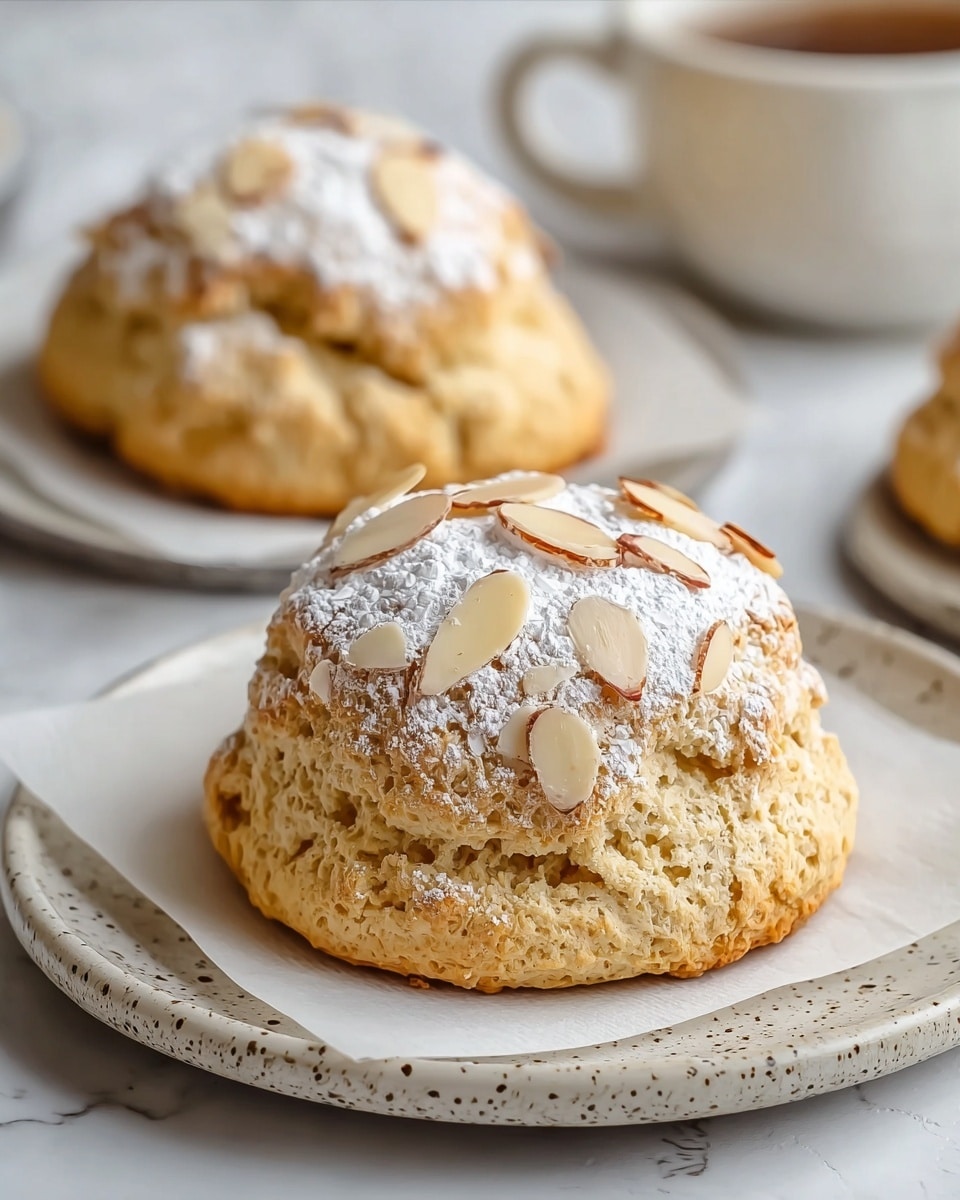 The image shows two lightly golden brown scones placed on white parchment paper on a round white plate with a speckled edge, set on a white marbled surface. Each scone has a rough, crumbly texture with a slightly domed top, dusted generously with white powdered sugar and topped with thin, light beige almond slices. In the background, there is a blurred view of another scone on white parchment paper and a white cup. The focus is sharp on the nearest scone, highlighting the cracked surface and almond topping. photo taken with an iphone --ar 4:5 --v 7