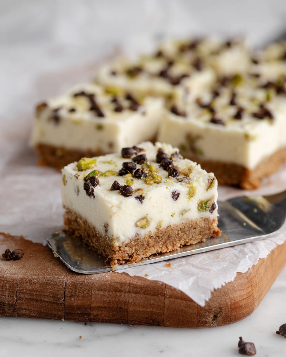 The image shows square dessert bars with two clear layers on a wooden board lined with parchment paper. The bottom layer is a textured, brown crust that looks crumbly and firm. The thick top layer is creamy white with small pieces of green pistachio nuts and dark chocolate chips mixed throughout, creating a speckled effect. More dark chocolate chips are sprinkled on the top surface of each square. One bar is slightly lifted on a silver spatula, revealing the even thickness of both layers. The background surface has a smooth white marbled texture. photo taken with an iphone --ar 4:5 --v 7