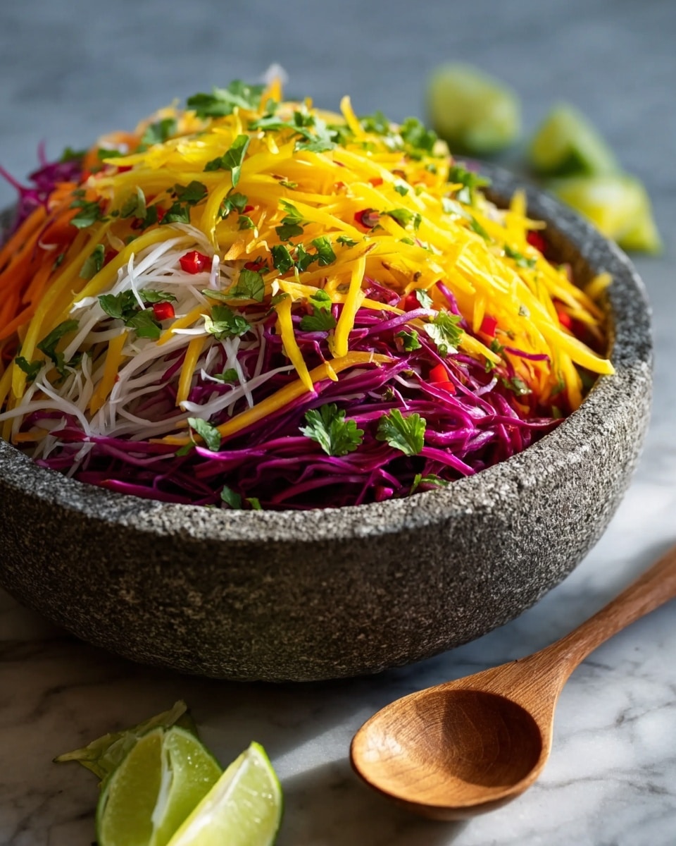 A large stone bowl filled with a colorful salad showing three clear layers: the bottom layer is thin white strands, the middle layer is thin bright purple strips, and the top layer is thin bright yellow strips mixed with small bits of red and scattered bright green leaves. In the background, there are two lime wedges, and in the foreground, there is a wooden spoon on a white marbled surface. The image has bright natural light. photo taken with an iphone --ar 4:5 --v 7
