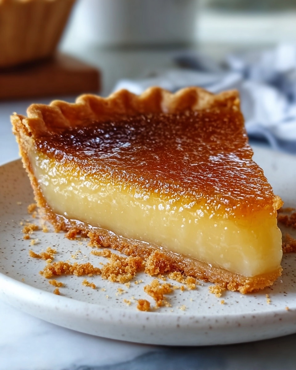 A single slice of pie is shown on a white plate with a smooth, slightly speckled surface. The pie has two layers: the top layer is a shiny, golden-brown, smooth filling with a slightly glossy texture, while the bottom layer is a thick, creamy, pale yellow custard-like filling. The crust is golden and crumbly, forming a scalloped edge around the slice. Crumbs are scattered on the white plate near the pie slice. The image is set against a softly blurred background with a white marbled surface underneath the plate. photo taken with an iphone --ar 4:5 --v 7