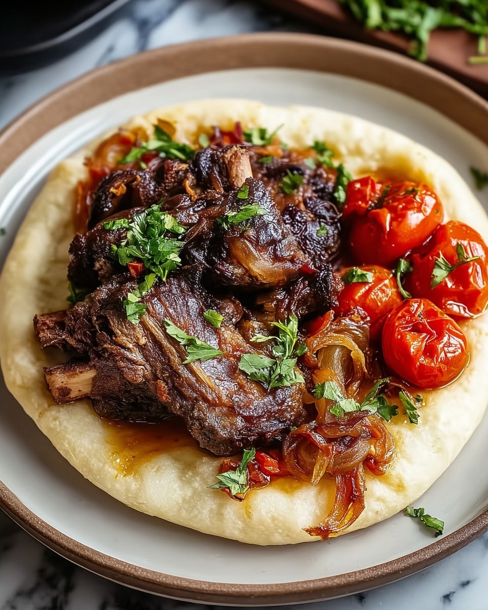 The dish shows a white flatbread base with a soft and slightly puffed texture, topped with a thick layer of tender, dark brown roasted meat with visible bones, slightly charred edges, and juicy sauce dripping onto the bread. On one side, there is a layer of bright red, halved cherry tomatoes that look fresh and juicy, and next to them are roasted, golden-brown onions with caramelized edges. Fresh green parsley leaves are sprinkled over the top as garnish, adding a fresh contrast. The food is served on a white marbled surface, and the plate is white, making the colors of the food stand out vividly. photo taken with an iphone --ar 4:5 --v 7