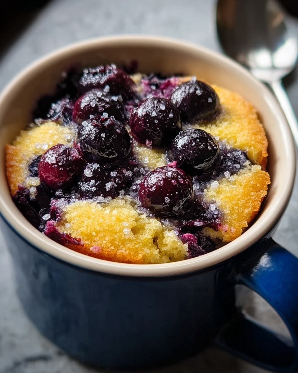 A close-up of a small mug cake with a golden-yellow sponge base that is soft and slightly crumbly, topped with a layer of juicy, dark blue and purple blueberries scattered unevenly on top, some partially sunken into the cake, with a glistening sugar sprinkle adding texture and shine. The mug is white inside with a dark blue outer surface, sitting on a white marbled textured surface with a blurred shiny spoon nearby. photo taken with an iphone --ar 4:5 --v 7