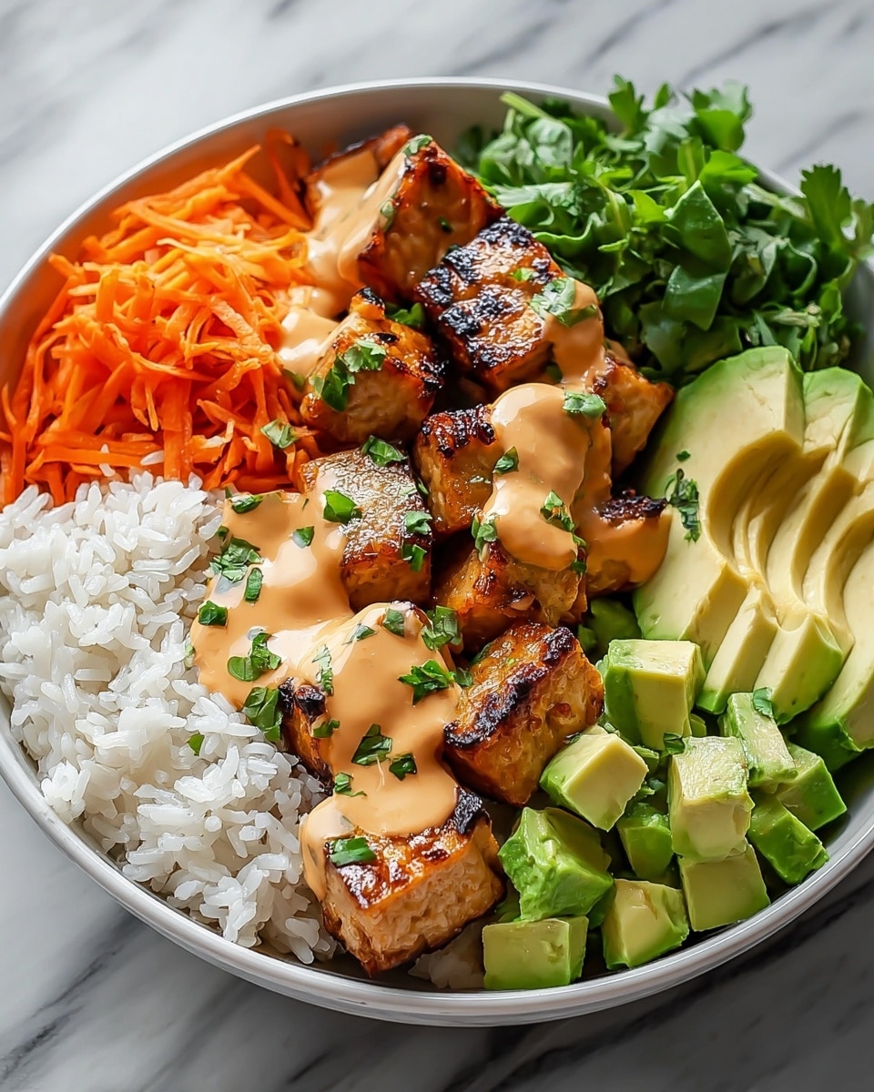 A white bowl filled with four main layers arranged side by side: fluffy white rice on the left, bright orange shredded carrots next to the rice, light green cubed avocado on the right side, and in the center, golden-brown grilled tofu cubes with some charred marks covered partly by creamy orange sauce. The tofu is topped with fresh chopped green herbs, and a small bunch of leafy greens sits next to it on the right. The dish is set on a white marbled surface. photo taken with an iphone --ar 4:5 --v 7