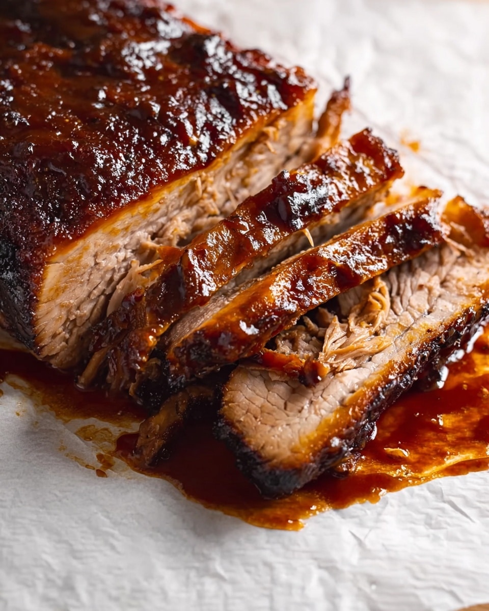 A piece of cooked meat is shown on white parchment paper with a white marbled surface underneath. The meat has two main parts: a thick top layer with a dark brown, crispy, and slightly charred outer crust, and a lower section with tender, lighter brown meat that is sliced thinly. Some slices are stacked, showing the stringy, juicy texture inside, glazed with a shiny dark reddish-brown sauce that pools around the meat. The edges of the meat appear moist and saucy. photo taken with an iphone --ar 4:5 --v 7