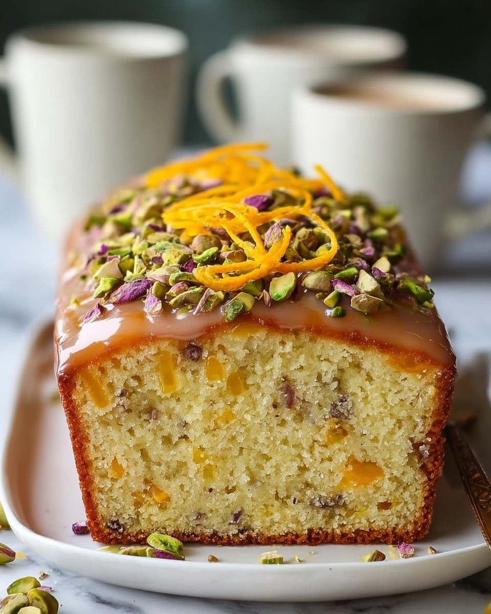 A loaf cake is shown on a white plate with a white marbled texture surface underneath. The cake has a light yellow inside with visible small bits of orange fruit and nuts in it. The outside is golden brown and topped with a smooth, shiny orange glaze. On top of the glaze is a generous layer of chopped green and purple pistachios, along with thin orange peel curls arranged on the upper center. In the blurred background, two white cups can be seen. photo taken with an iphone --ar 4:5 --v 7