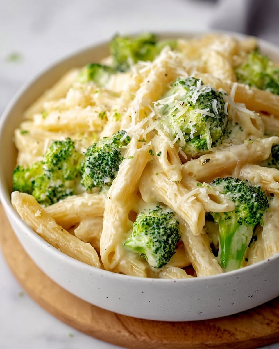 A close-up view of a white bowl filled with creamy penne pasta mixed evenly with bright green broccoli florets. The pasta is coated in a smooth, light cream sauce that glistens softly, with a light dusting of finely grated cheese scattered on top. The broccoli pieces are nestled between the pasta, adding color contrast and texture to the dish. The bowl sits on a white marbled surface with soft natural light enhancing the dish's fresh and creamy look. Photo taken with an iphone --ar 4:5 --v 7