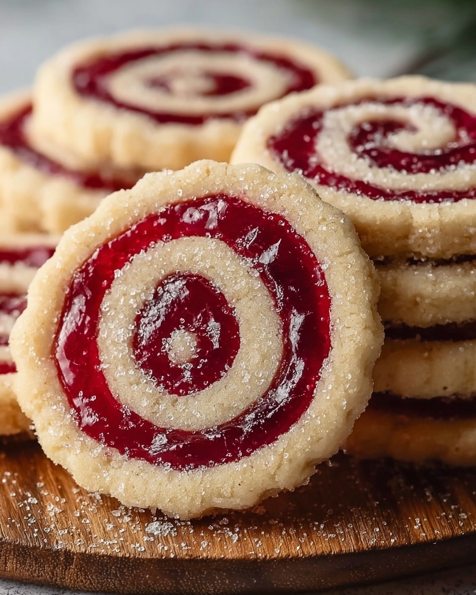 The image shows several round cookies stacked on a wooden board, each cookie having two visible layers forming a swirl pattern. The outer layer is a pale beige, crumbly shortbread with a slightly rough texture and scalloped edges. The inner swirl layer is glossy, deep red, resembling a smooth jam or jelly, evenly spiraling from the center to the edge. The surface of the cookies has a fine dusting of white sugar crystals that add a slight sparkle and contrast to the red and beige tones. The background is softly blurred, with a white marbled texture replacing the original, highlighting the cookies as the focal point. photo taken with an iphone --ar 4:5 --v 7