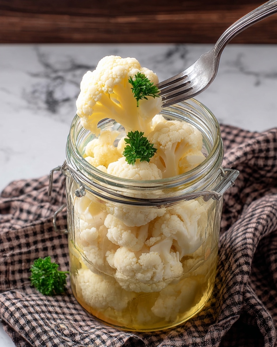 A clear glass jar filled with many light cream cauliflower florets soaked in a clear yellowish brine, with one medium-sized cauliflower floret lifted halfway out of the jar by a silver fork resting on the jar's edge; a small sprig of bright green parsley rests on top of the cauliflower inside the jar, which sits on a white marbled surface next to a brown, white, and black checkered cloth. photo taken with an iphone --ar 4:5 --v 7
