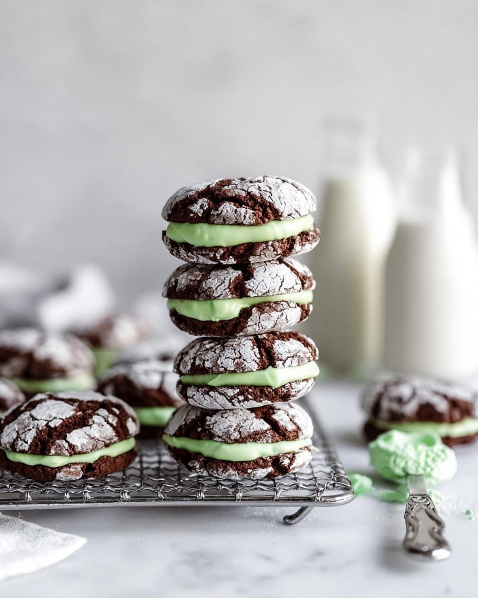 The image shows a stack of chocolate crinkle cookies with a light green cream filling sandwiched in the middle. Each cookie has a cracked, powdered sugar top in dark brown color, contrasting with the smooth and bright green cream layer inside. The stack contains four cookie sandwiches placed on a silver wire rack, with several more scattered around it. In the background, there are two milk bottles blurred out on a white marbled surface, and a knife with some green cream on it rests to the right of the cookies. The overall scene has a clean, bright look with a soft focus. photo taken with an iphone --ar 4:5 --v 7