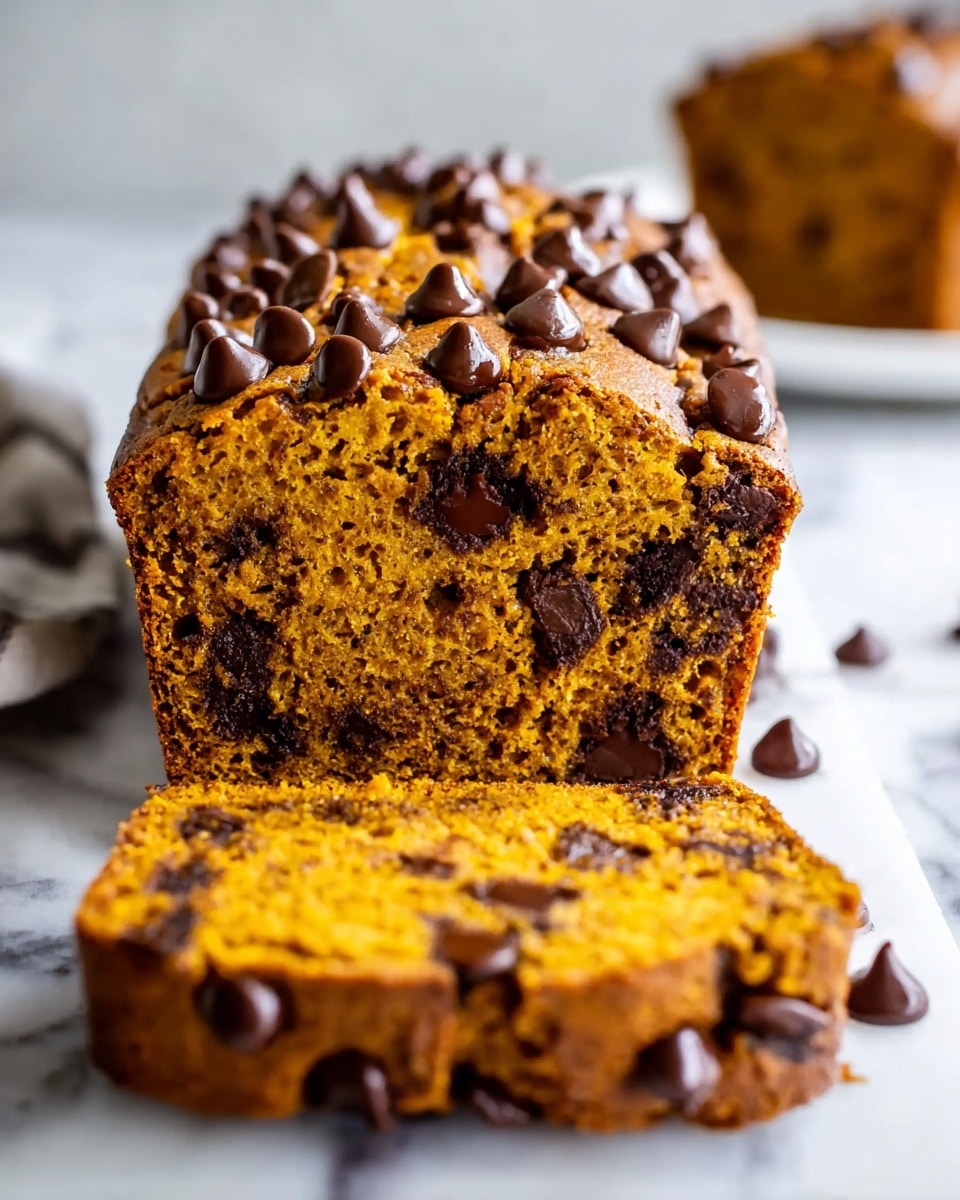 A close-up image of a loaf of moist pumpkin bread with rich chocolate chips mixed throughout, with the slice piece resting in front. The bread has a golden-orange color with a soft, crumbly texture, and the top is dotted with glossy, slightly melted chocolate chips that add a shiny contrast. The sliced edge shows the dense, chunky bread filled evenly with small and large dark chocolate chips. The background features a white marbled texture surface with a faint blur of another piece of bread on a white plate in the back. Photo taken with an iphone --ar 4:5 --v 7