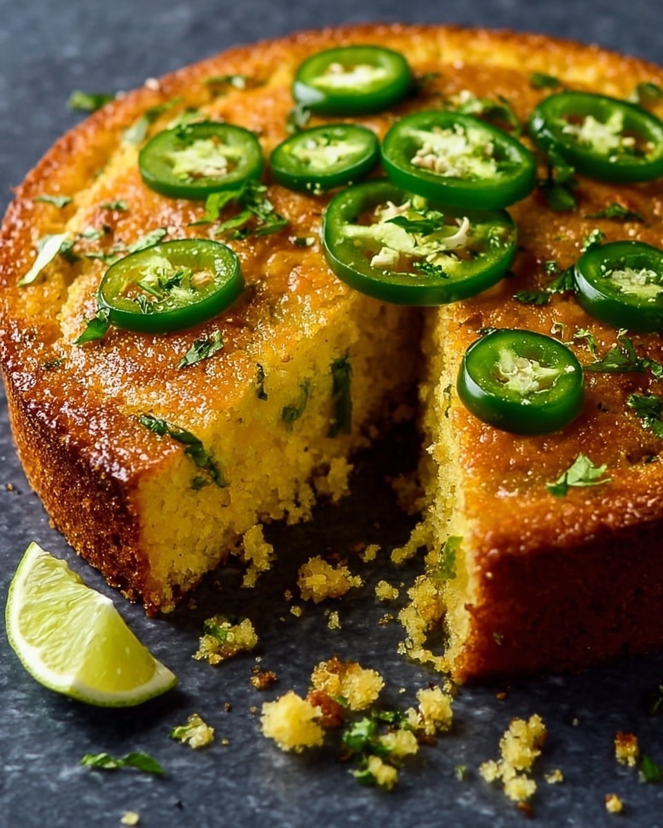 The image shows a round, golden-brown cornbread with a moist texture and a slightly crispy edge. It has one slice cut out, revealing a soft and crumbly inside with a yellow color and some green herbs mixed in. On top of the cornbread, there are several green slices of jalapeño pepper, each smooth and slightly shiny with seeds visible. The cornbread is placed on a dark gray surface, which should be changed mentally to a white marbled texture, and there is a small lime wedge next to it on the surface. Small bits of crumbs and green herb leaves surround the cornbread, adding detail. photo taken with an iphone --ar 4:5 --v 7
