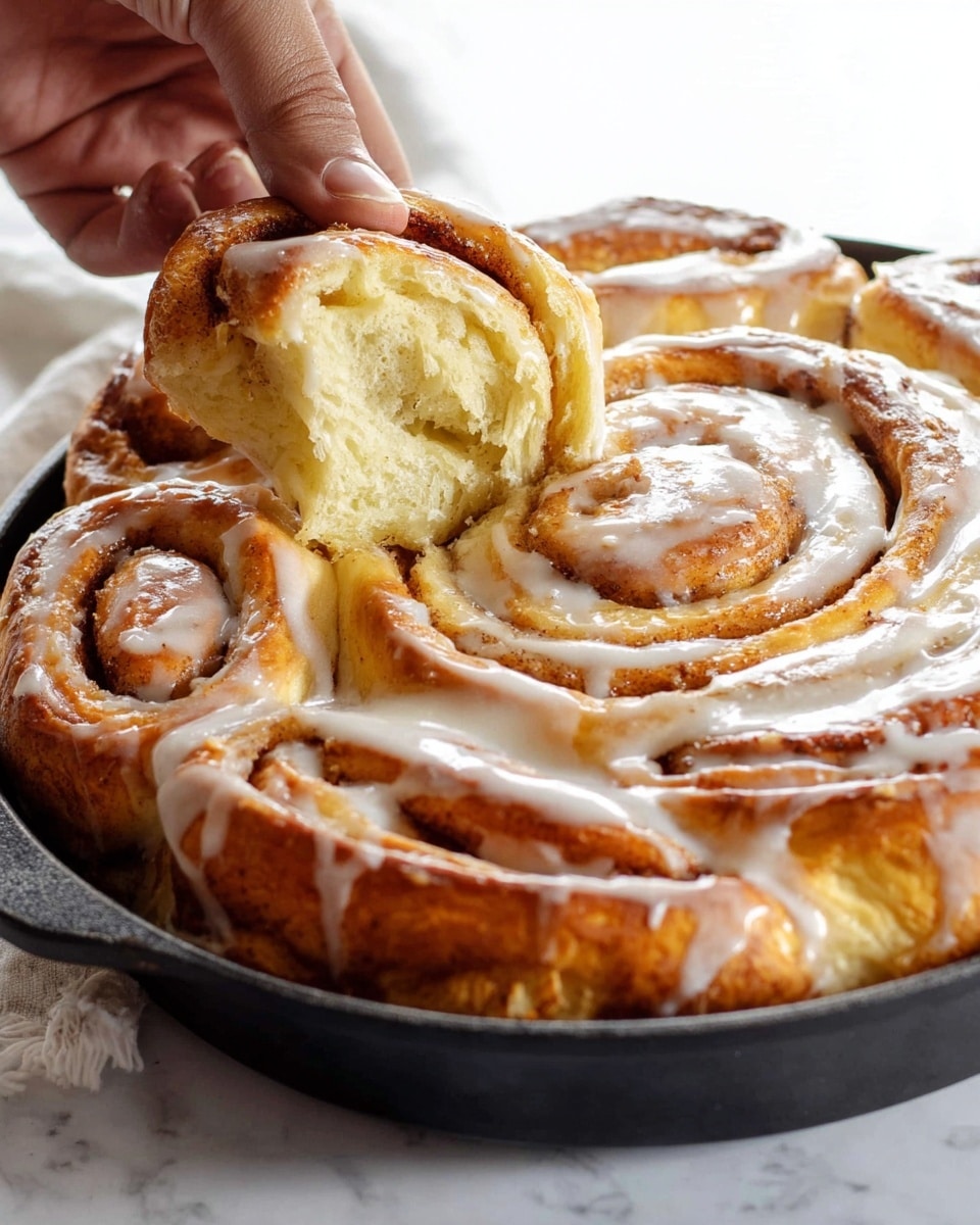A large cinnamon roll with several thick spiral layers of soft golden-brown dough sits in a black pan on a white marbled surface. The top is covered with shiny white icing that drips slightly down the sides, highlighting the swirls and textured surface of the bread. A woman's hand is pulling up a piece from the outer edge, revealing the fluffy, light interior with a slightly glossy sheen from the glaze. The bread looks warm and fresh, with some cinnamon-speckled areas visible beneath the icing. photo taken with an iphone --ar 4:5 --v 7