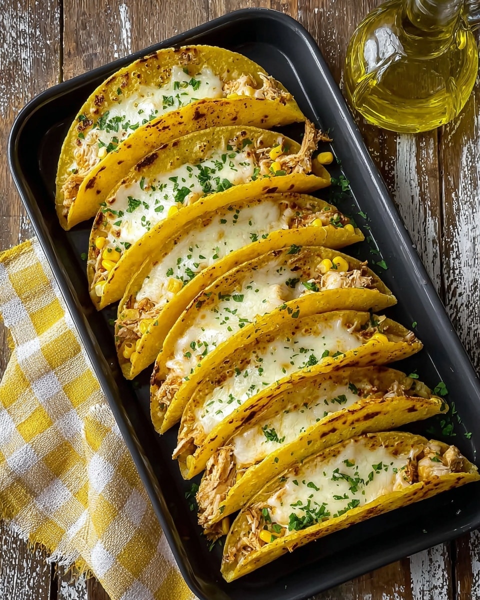 A black tray holds six golden yellow tacos arranged in a neat row, each taco folded in half to reveal a filling with distinct layers. The base layer inside the taco is a creamy mixture with bits of corn and shredded chicken, topped with a smooth layer of melted white cheese that looks warm and gooey. Scattered finely chopped green herbs add a fresh touch on top of the cheese. The tacos appear slightly toasted with a few brown spots on the shells. The tray sits on a rough wooden table with a white marbled texture, next to a clear bottle of golden oil and a yellow and white checkered cloth. Photo taken with an iphone --ar 4:5 --v 7